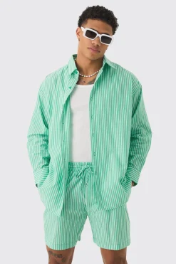 Oversized Long Sleeve Striped Shirt & Short Set In Green | BoohooMAN UK
