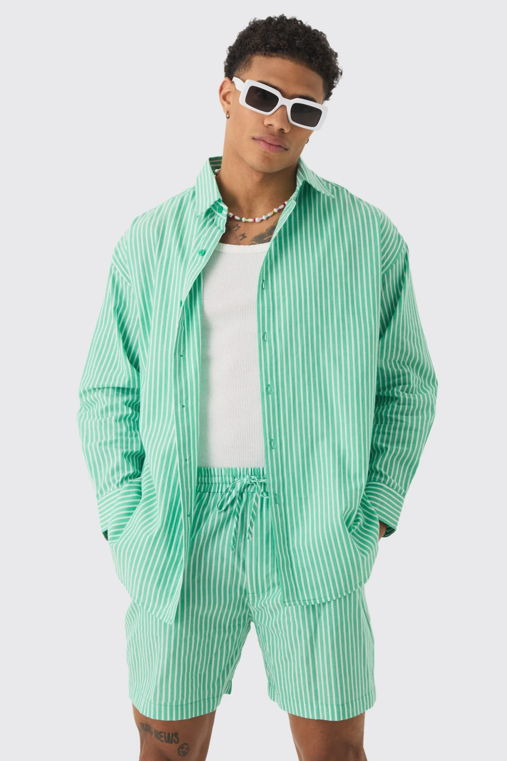 Oversized Long Sleeve Striped Shirt & Short Set In Green | BoohooMAN UK