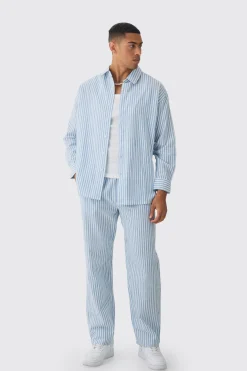 Oversized Long Sleeve Striped Shirt & Trouser Set In Light Blue | BoohooMAN UK