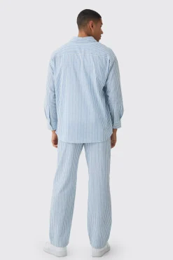 Oversized Long Sleeve Striped Shirt & Trouser Set In Light Blue | BoohooMAN UK