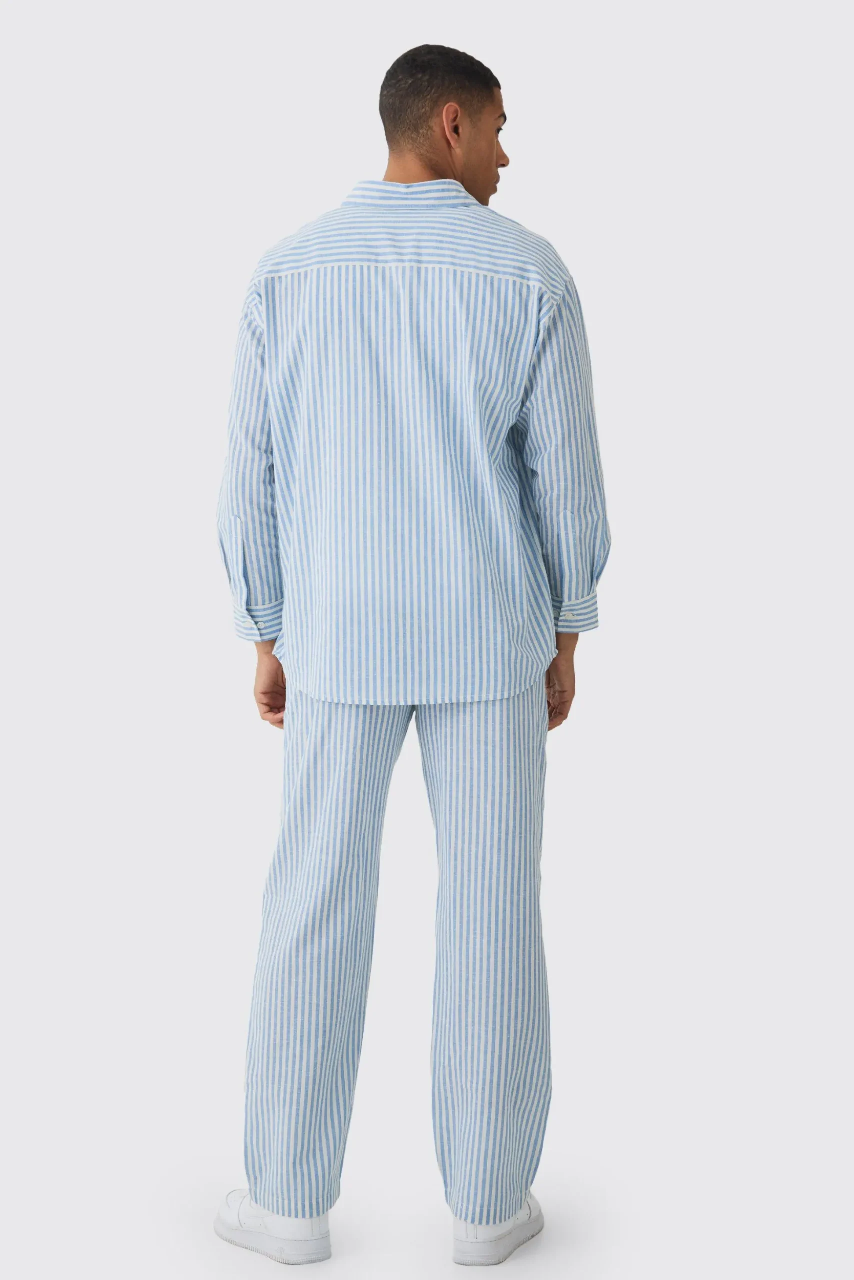 Oversized Long Sleeve Striped Shirt & Trouser Set In Light Blue | BoohooMAN UK