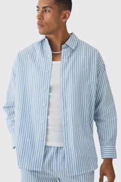 Oversized Long Sleeve Striped Shirt & Trouser Set In Light Blue | BoohooMAN UK