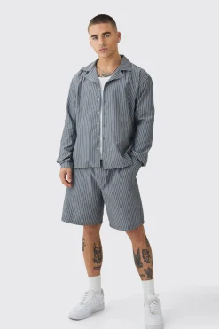 Oversized Long Sleeve Stripe Shirt & Short Set | BoohooMAN UK