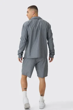 Oversized Long Sleeve Stripe Shirt & Short Set | BoohooMAN UK
