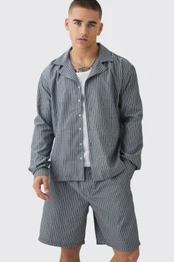 Oversized Long Sleeve Stripe Shirt & Short Set | BoohooMAN UK