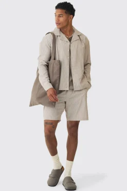 Oversized Long Sleeve Stripe Shirt & Short Set | BoohooMAN UK