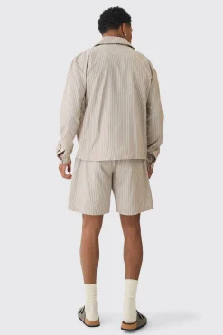 Oversized Long Sleeve Stripe Shirt & Short Set | BoohooMAN UK