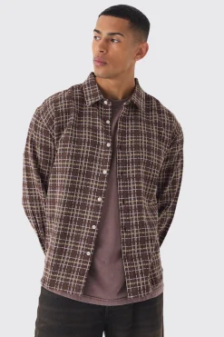 Oversized Long Sleeve Textured Check Shirt | BoohooMAN UK
