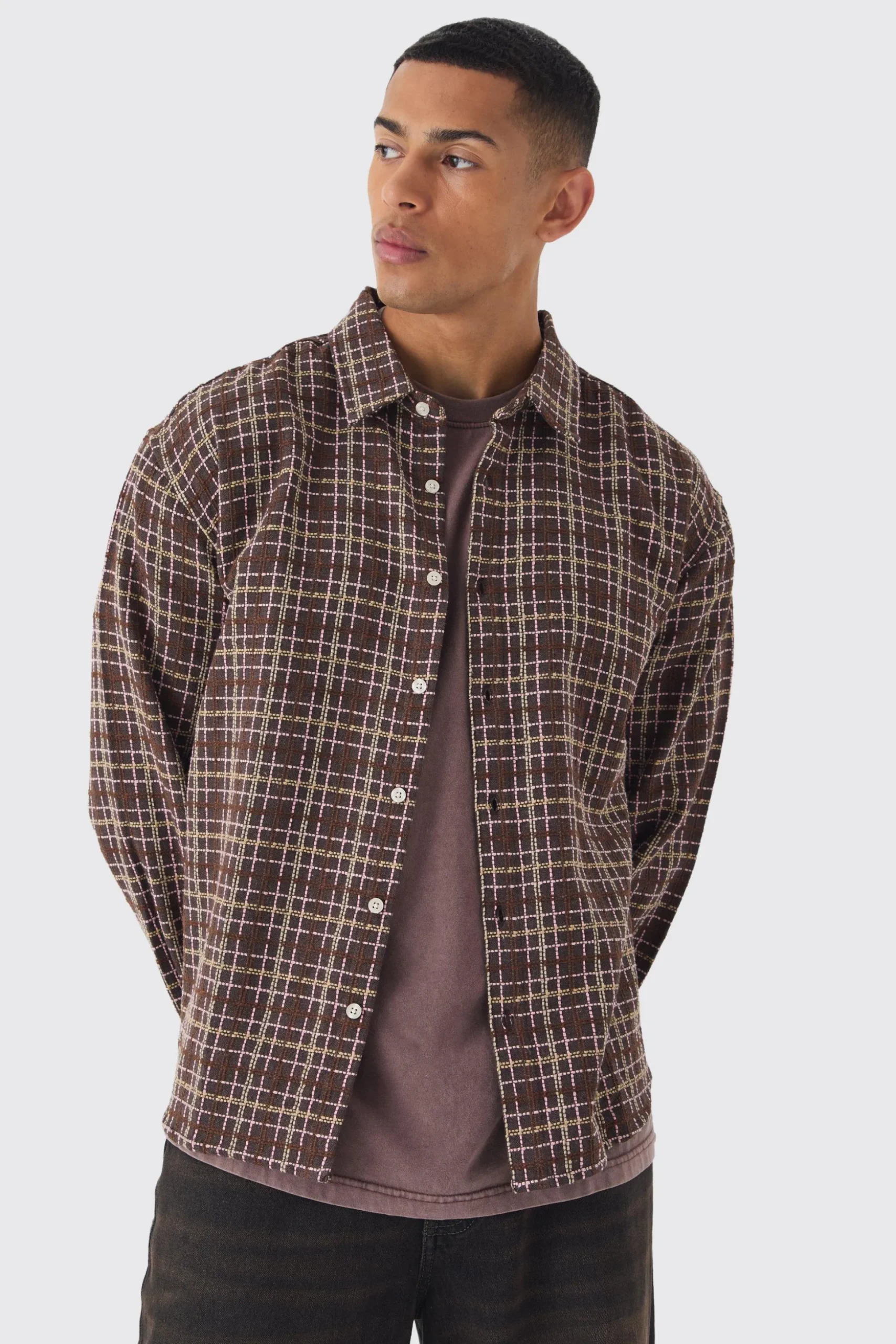Oversized Long Sleeve Textured Check Shirt | BoohooMAN UK