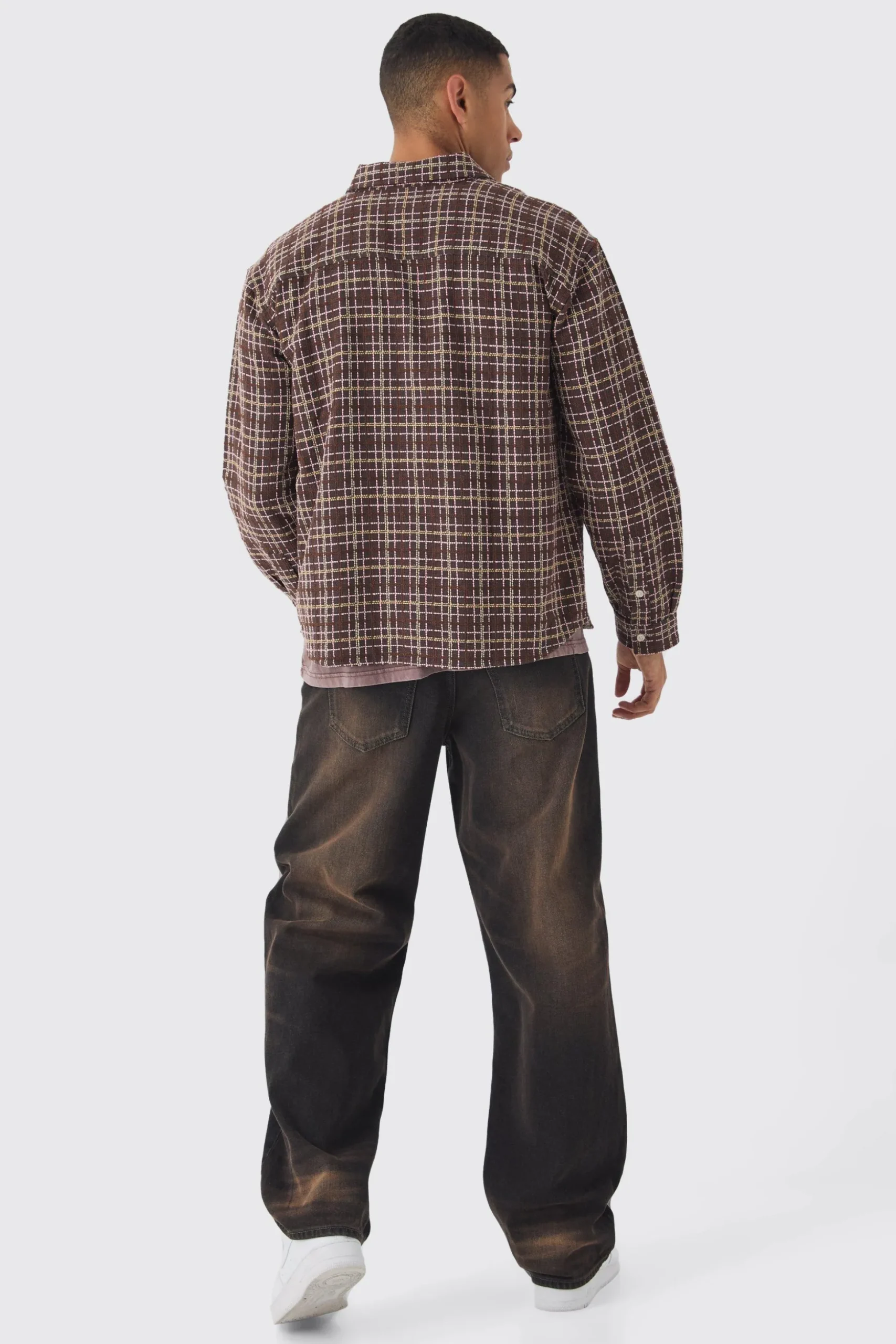 Oversized Long Sleeve Textured Check Shirt | BoohooMAN UK
