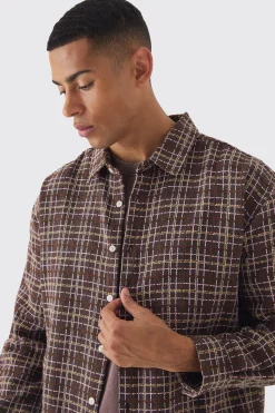 Oversized Long Sleeve Textured Check Shirt | BoohooMAN UK