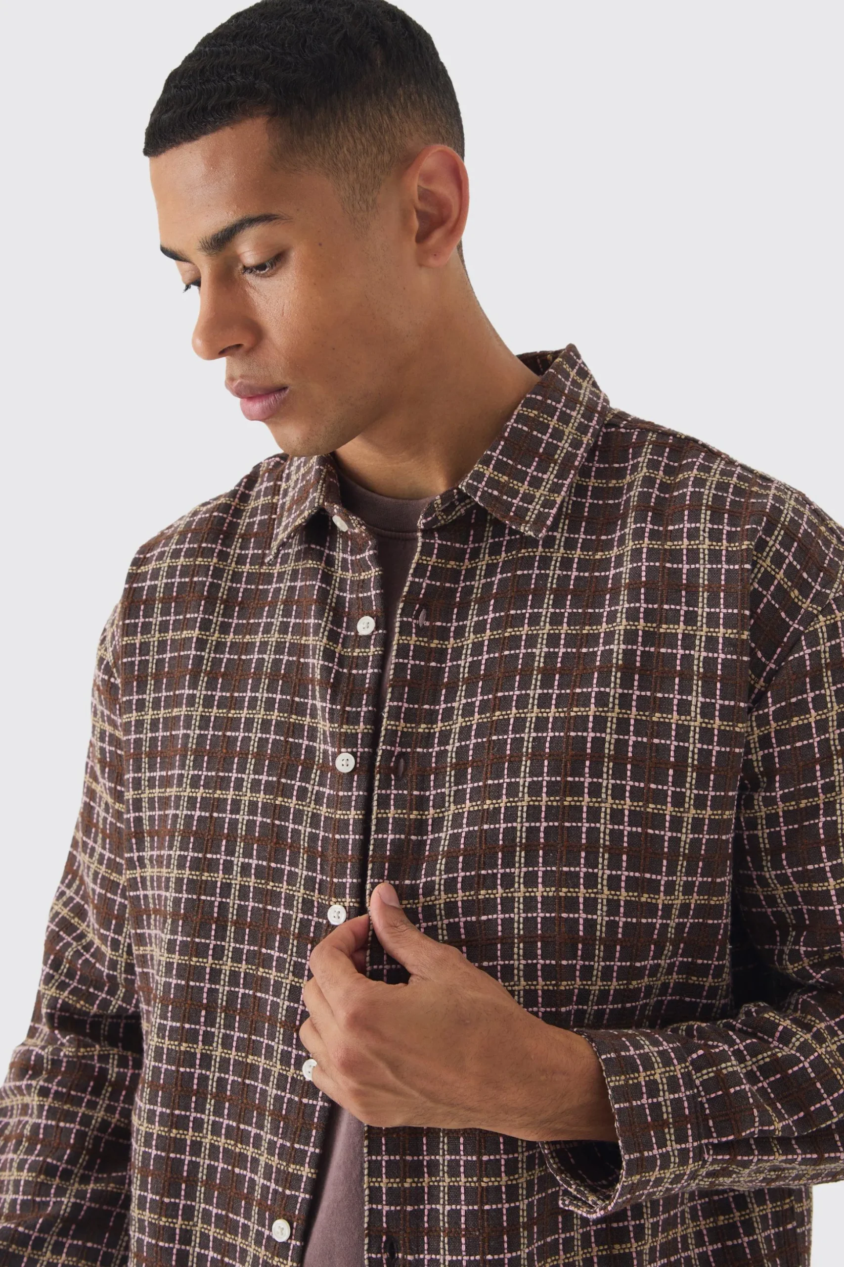 Oversized Long Sleeve Textured Check Shirt | BoohooMAN UK