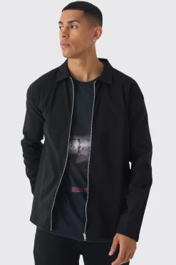 Oversized Long Sleeve Zip Through Bengaline Shirt | BoohooMAN UK