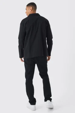 Oversized Long Sleeve Zip Through Bengaline Shirt | BoohooMAN UK