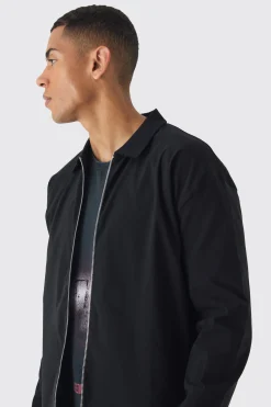 Oversized Long Sleeve Zip Through Bengaline Shirt | BoohooMAN UK