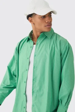 Oversized Long Sleeved Striped Shirt In Green | BoohooMAN UK