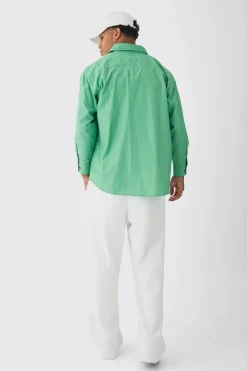 Oversized Long Sleeved Striped Shirt In Green | BoohooMAN UK