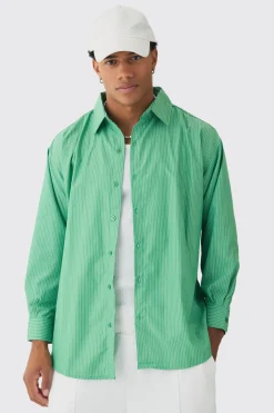Oversized Long Sleeved Striped Shirt In Green | BoohooMAN UK