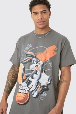 Oversized Looney Tunes Basketball License Wash Print T-shirt | BoohooMAN UK