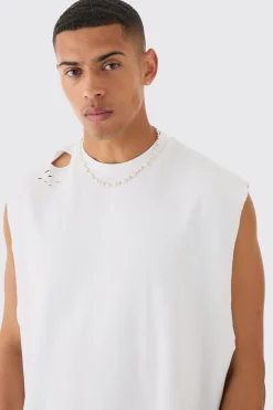 Oversized Loopback Drop Armhole Distressed Tank | BoohooMAN UK