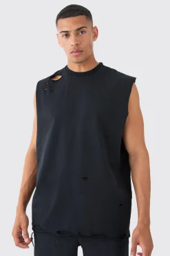 Oversized Loopback Drop Armhole Distressed Tank | BoohooMAN UK