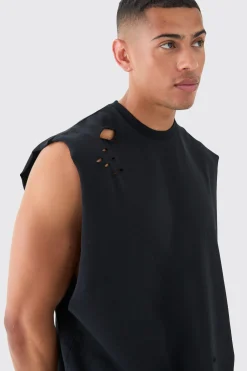 Oversized Loopback Drop Armhole Distressed Tank | BoohooMAN UK