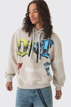 Oversized Loopback OFCL Gothic Print Hoodie | BoohooMAN UK