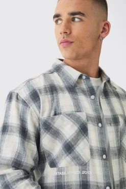 Oversized M Embroidered Check Long Sleeve Shirt | BoohooMAN UK