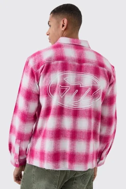 Oversized M Embroidered Check Long Sleeve Shirt | BoohooMAN UK