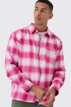 Oversized M Embroidered Check Long Sleeve Shirt | BoohooMAN UK