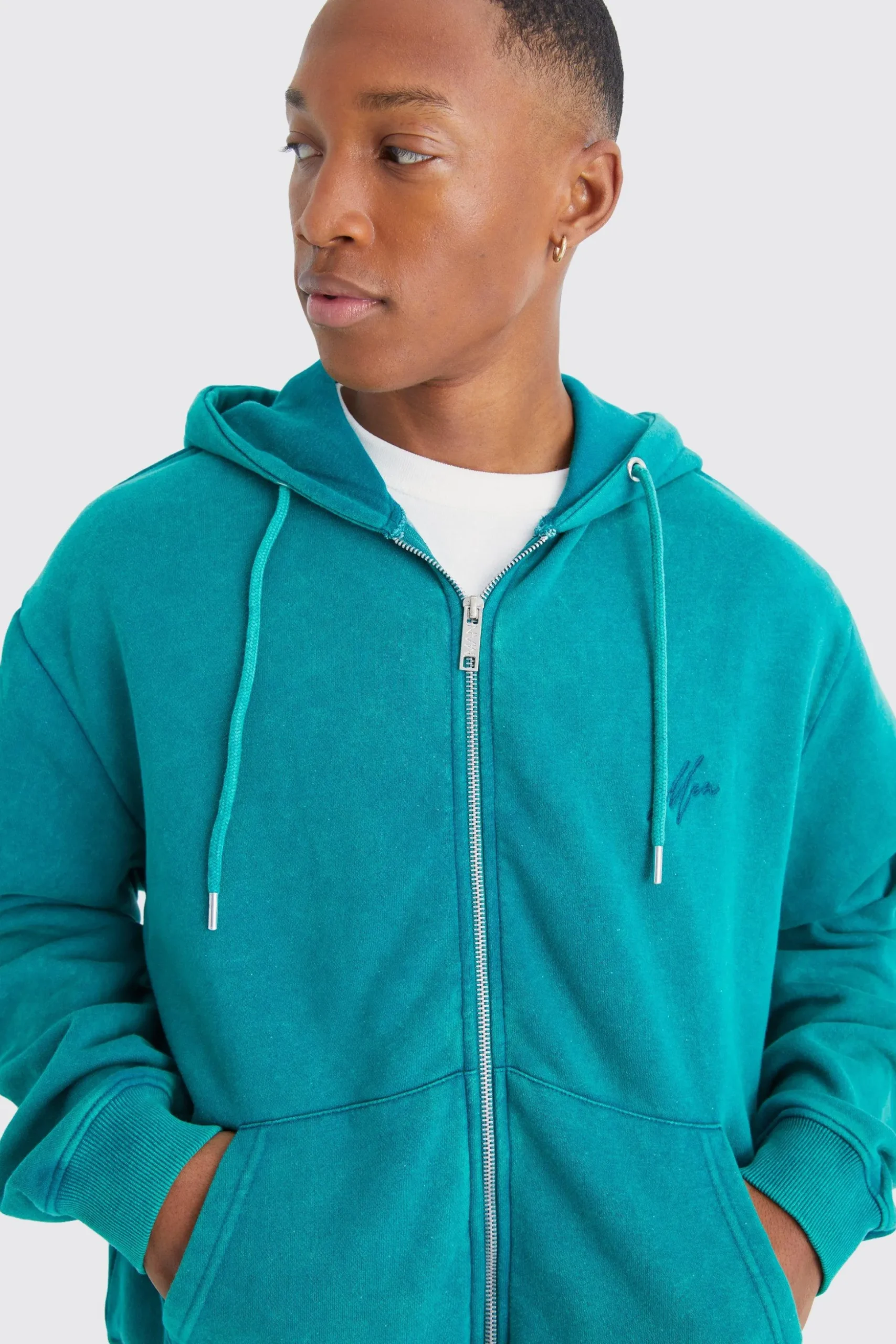 Oversized Man Boxy Zip Through Washed Hoodie | BoohooMAN UK