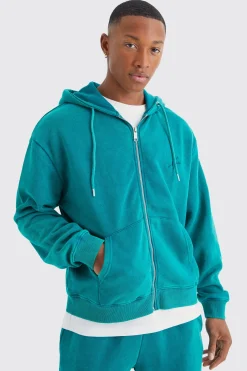 Oversized Man Boxy Zip Through Washed Hoodie | BoohooMAN UK