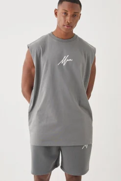 Oversized Man Flock Printed Tank & Short Set | BoohooMAN UK