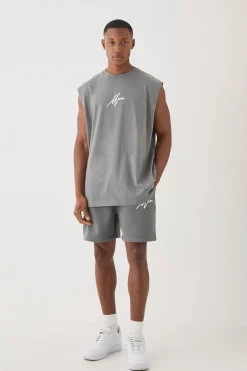 Oversized Man Flock Printed Tank & Short Set | BoohooMAN UK