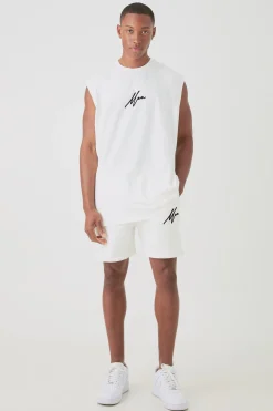 Oversized Man Flock Printed Tank & Short Set | BoohooMAN UK