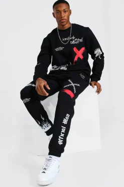 Oversized Man Graffiti Sweatshirt Tracksuit | BoohooMAN UK
