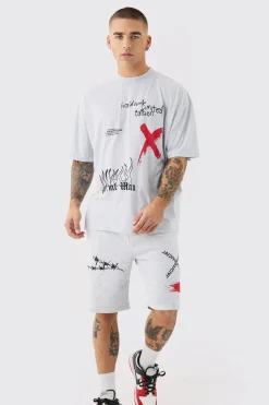 Oversized Man Graffiti T-shirt And Short Set | BoohooMAN UK