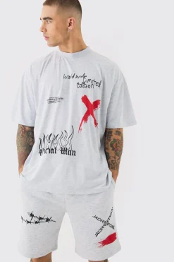 Oversized Man Graffiti T-shirt And Short Set | BoohooMAN UK
