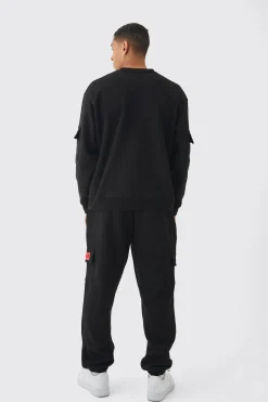 Oversized Man Tab Cargo Pocket Sweatshirt Tracksuit | BoohooMAN UK