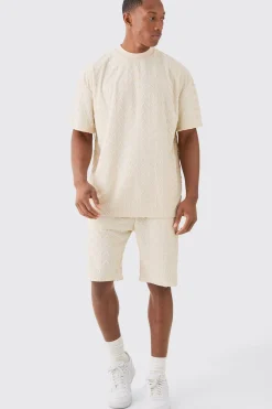 Oversized Man Towelling Jacquard T-shirt & Shorts Set | BoohooMAN UK