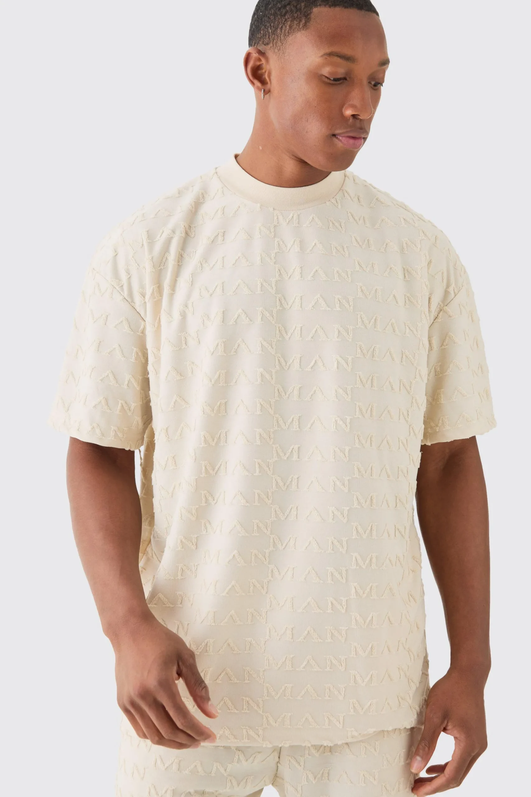 Oversized Man Towelling Jacquard T-shirt & Shorts Set | BoohooMAN UK