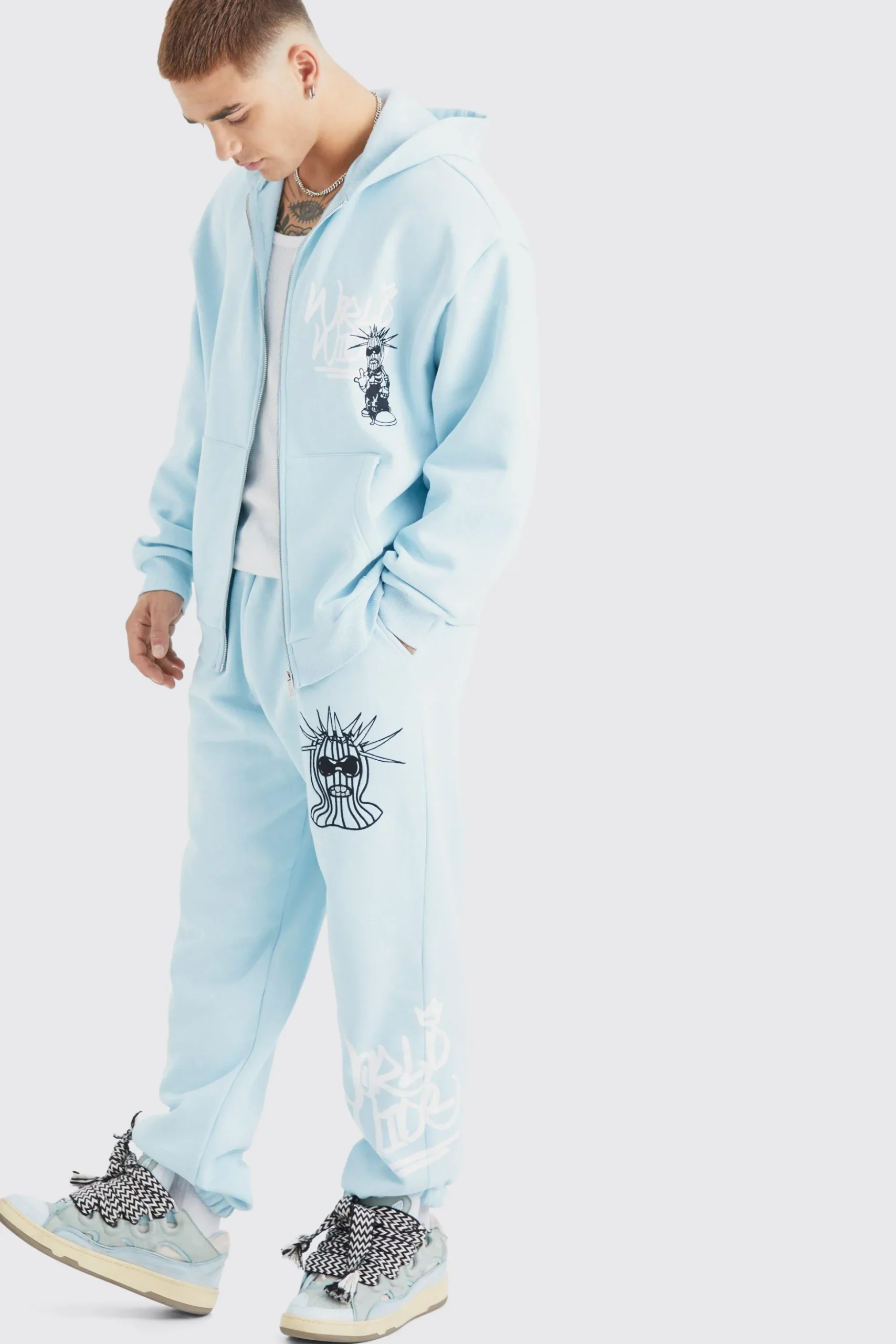 Oversized Masked Character Zip Up Hoodie & Oversized Jogger | BoohooMAN UK