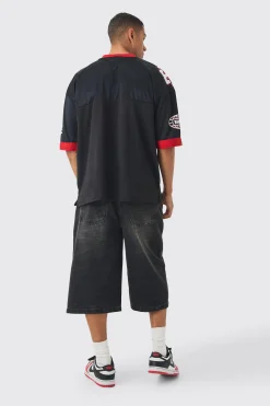 Oversized Mesh And Satin Applique Varsity T-shirt | BoohooMAN UK