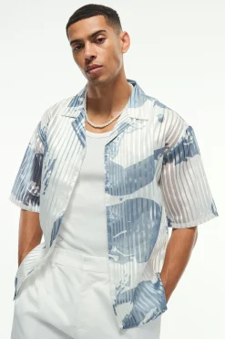 Oversized Mesh Pleated Printed Revere Boxy Shirt | BoohooMAN UK