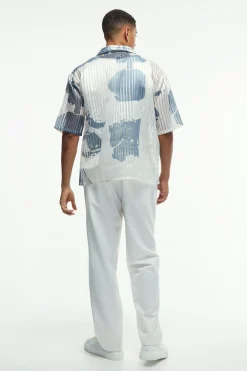 Oversized Mesh Pleated Printed Revere Boxy Shirt | BoohooMAN UK