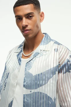 Oversized Mesh Pleated Printed Revere Boxy Shirt | BoohooMAN UK