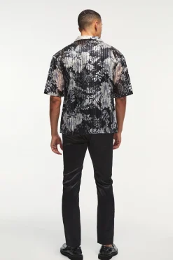 Oversized Mesh Pleated Printed Revere Shirt | BoohooMAN UK