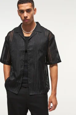 Oversized Mesh Pleated Revere Boxy Shirt | BoohooMAN UK