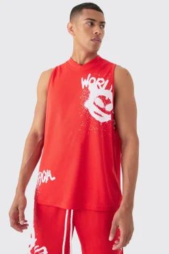 Oversized Mesh Worldwide Graffiti Tank | BoohooMAN UK