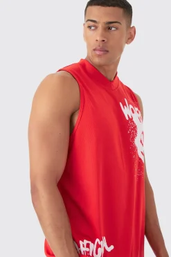 Oversized Mesh Worldwide Graffiti Tank | BoohooMAN UK